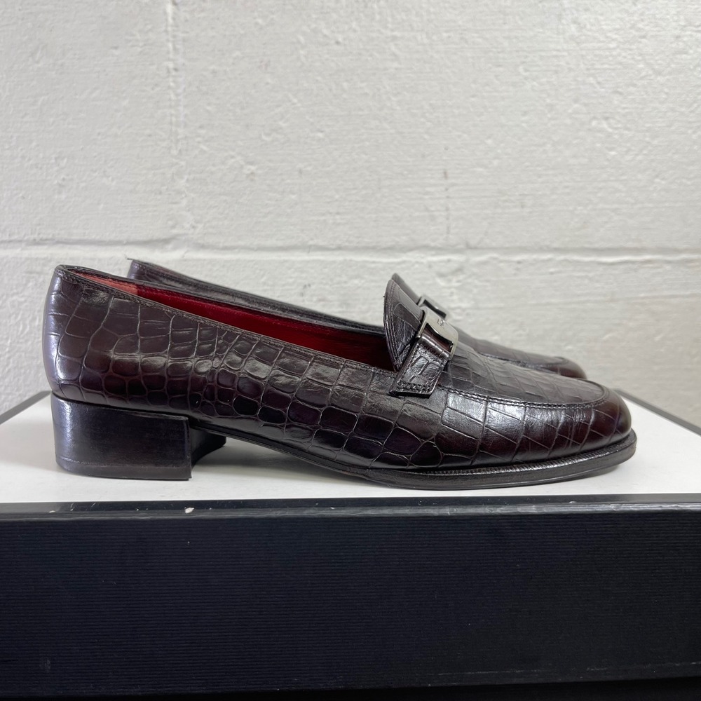 Salvatore Ferragamo Sport Dark Brown Croc Embossed Leather Loafers Women's 6‎